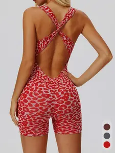 Women's Seamless Leopard Print High Elasticity Sporty Workout Yoga Jumpsuit Shorts, Cross Twisted Waist Cinching Butt Lifting One-Piece