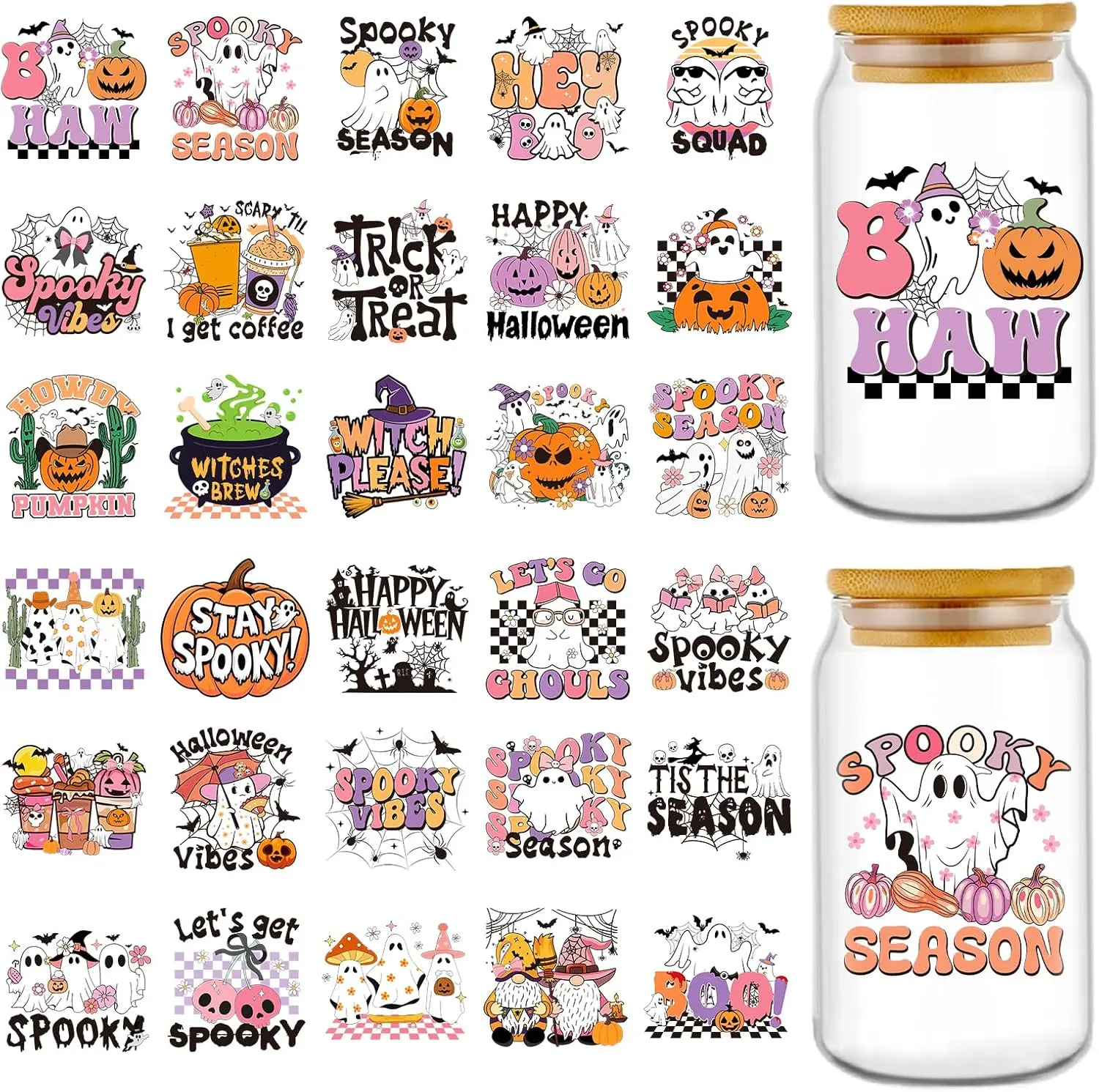 Halloween UV DTF Stickers - 30 Sheets Retro Halloween UV DTF Cup Wraps for 16 oz Glass, Cute Ghost Pumpkin Gnome Bat Rub on Transfer Stickers, Uvdtf Decals for Mug Water Bottle, DIY Crafts