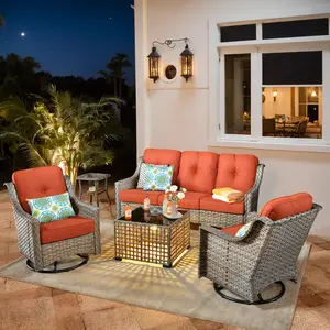 Rattan 5 Piece Outdoor Patio Furniture Set with Coffee Table, Thick Cushions, Rocking Chair, Weather-Resistant, Assembly Required, Modern Design