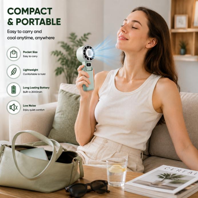 Portable Handheld Turbo Fan with Ice Cooling Plate, Rechargeable Mini Personal Fan with Digital Battery Display, Powerful Adjustable Airflow, Compact Pocket Fan for Travel, Outdoor, Commute, Office, Beach & Summer Essentials