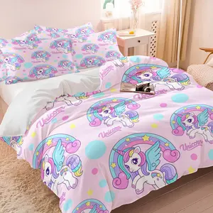 Pink Purple Unicorn Cartoon Duvet Cover Set with 1-2 Pillowcases No Core, Rainbow Mane Gradient Purple Tail Winged Unicorn Pattern, Soft Comfortable, Soft Fabric, Dreamy & Lively Bedroom Decor, Perfect Gift Choice
