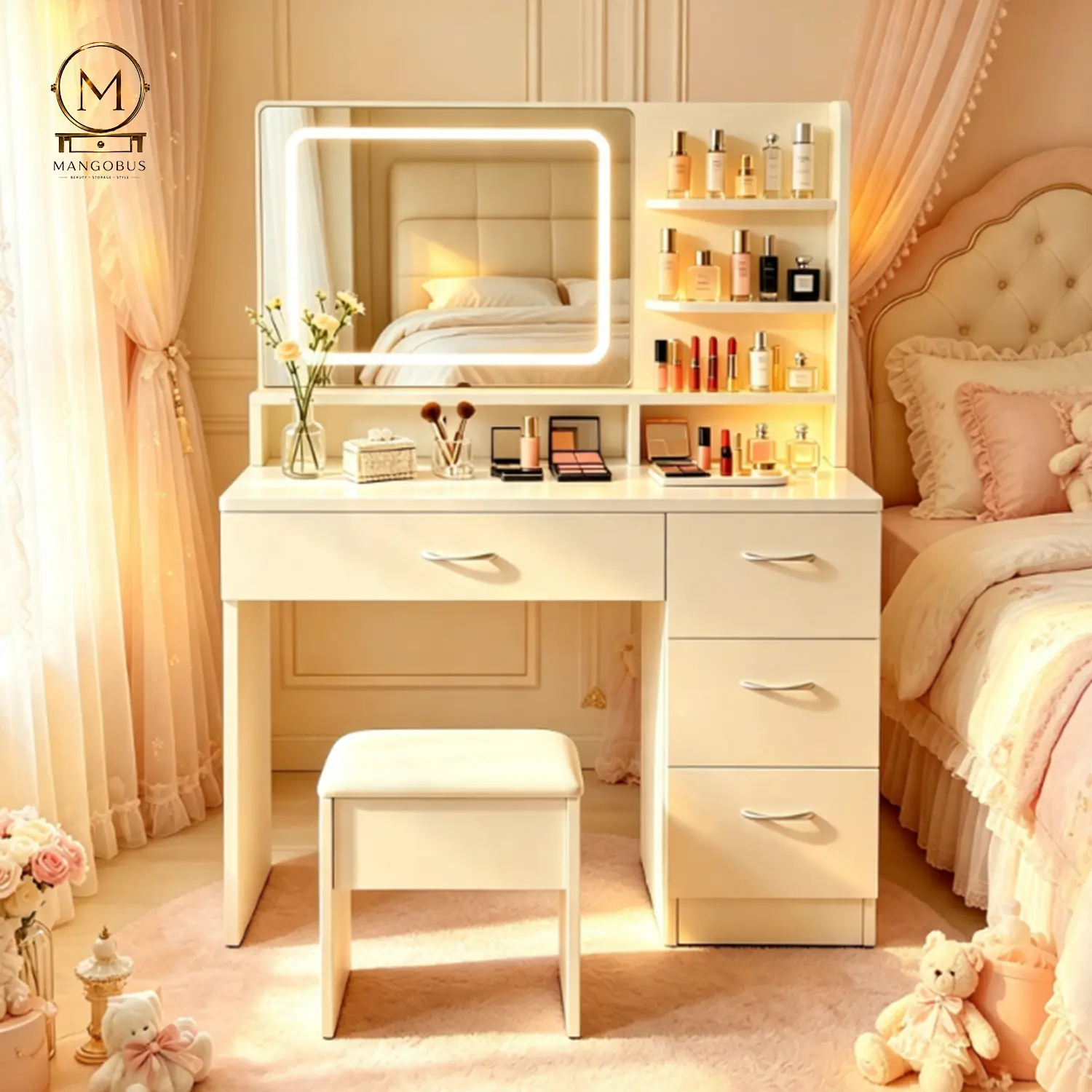 Small Modern White Lighted Glass Makeup Vanity Desk Set with Chair - 3 Shelves, 1 Drawer, Organized Storage, Stand-Alone Indoor Furniture for Bedroom Beauty Organization, Get Ready with Me Small Makeup Vanity