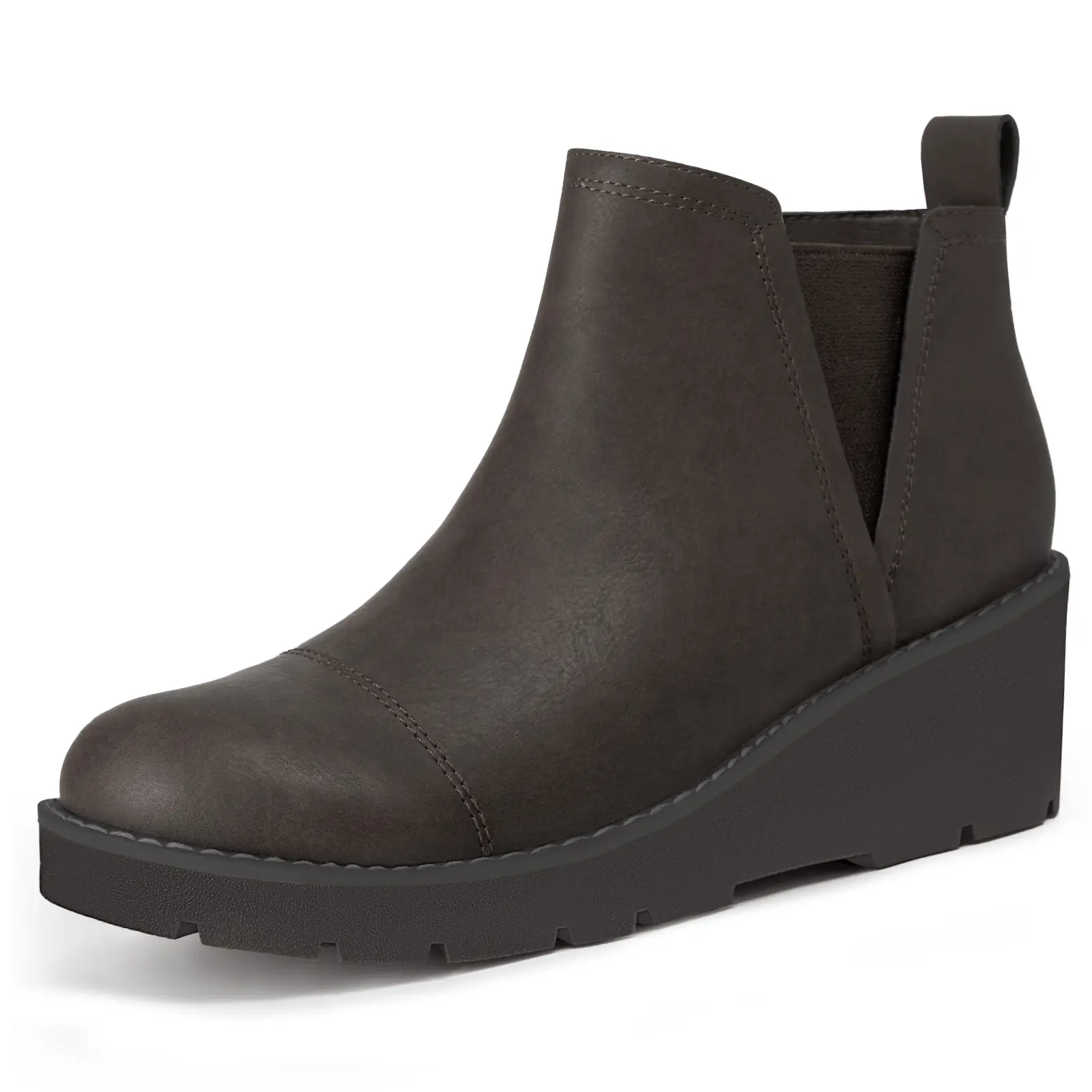 Women's Nubuck Platform Wedge Chelsea Boots - Round Toe Ankle Booties with Non-Slip Lug Sole, Side Zipper, Fashion Footwear, Shoe, Round Toe Boot, Slip On, Block Heel, Decorative Lines, Casual, Basic