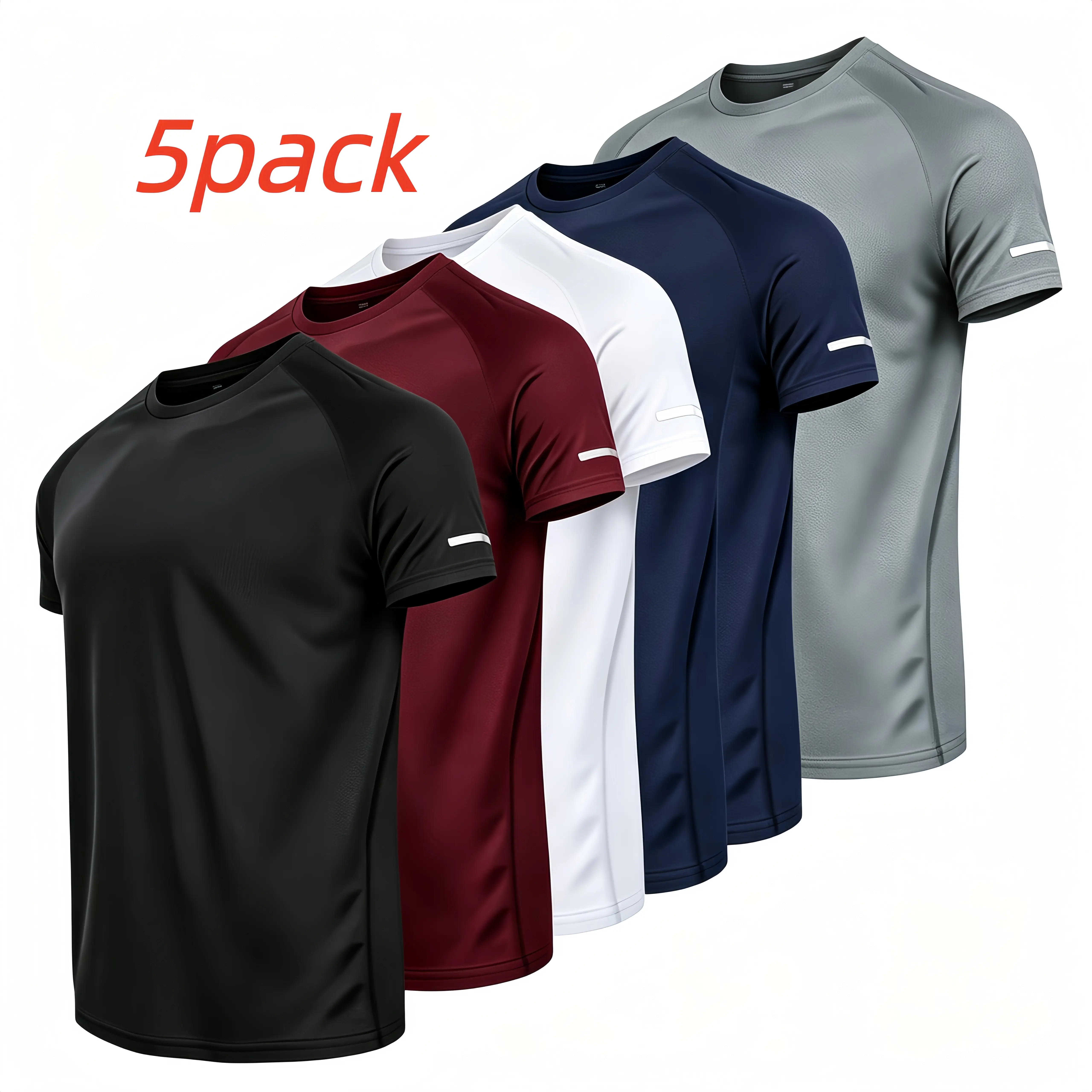 Men's 5-Pcs Knitting Regular Fit All Seasons Printed Stripes Short Sleeve Crew Neck Tee, Ultra-Lightweight Breathable Quick-Dry Moisture-Wicking Reflective Stripe Running Gym Workout Tops for Wet & Dry Sports