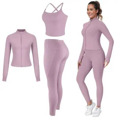 【LOCAL SHIPPING】 New 3-Piece Workout Set - Adjustable Straps Sports Bra + No Front Seam & Butt Lifting Leggings with Pockets + Concealed Full Zip Jacket with Collar Shield – Women’s Yoga Outfit Activewear for Gym Running Training Sportswear