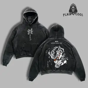 Infinity Castle - Kokushibo - Up Rank One - Demon Slayer Anime Double Printed Vintage Washed Hoodie Unisex Oversize Heavyweight Cotton Hoodies for Anime Fans and Lovers