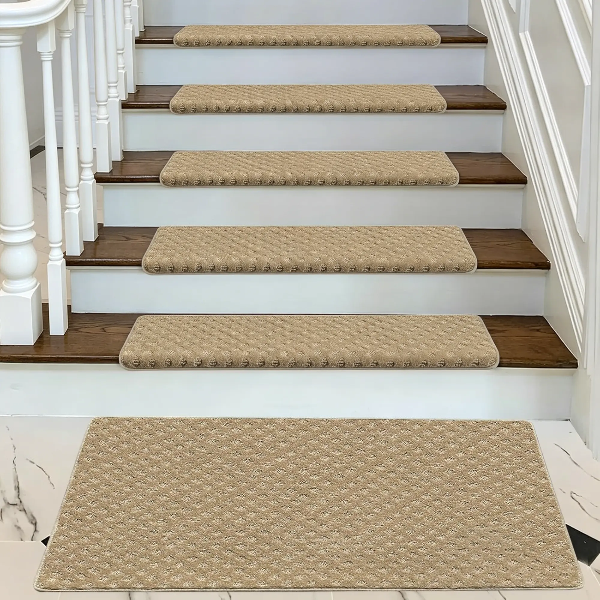 Khaki Mini-diamond Trellis Bullnose Carpet Stair Treads Set -  Non-Slip Stair Protectors, 9.5" x 30" x 1.2", Made of Soft Polypropylene, Suitable for Pets & Kids Complete set of stair carpets