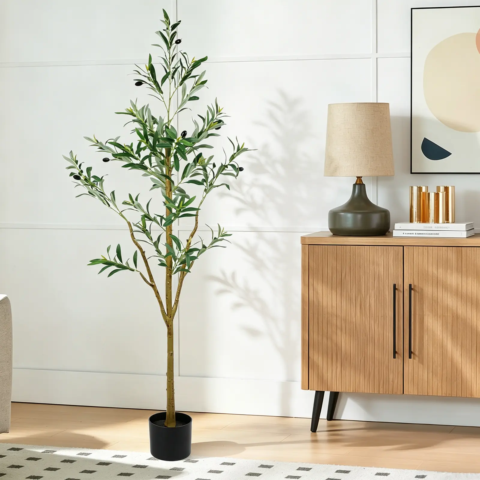 Olive Tree 5ft，Olive Trees Artificial Indoor with Natural Wood Trunk and Realistic Leaves and Fruits. 5 Feet(60in) Fake Olive Tree for Home House Office Décor.