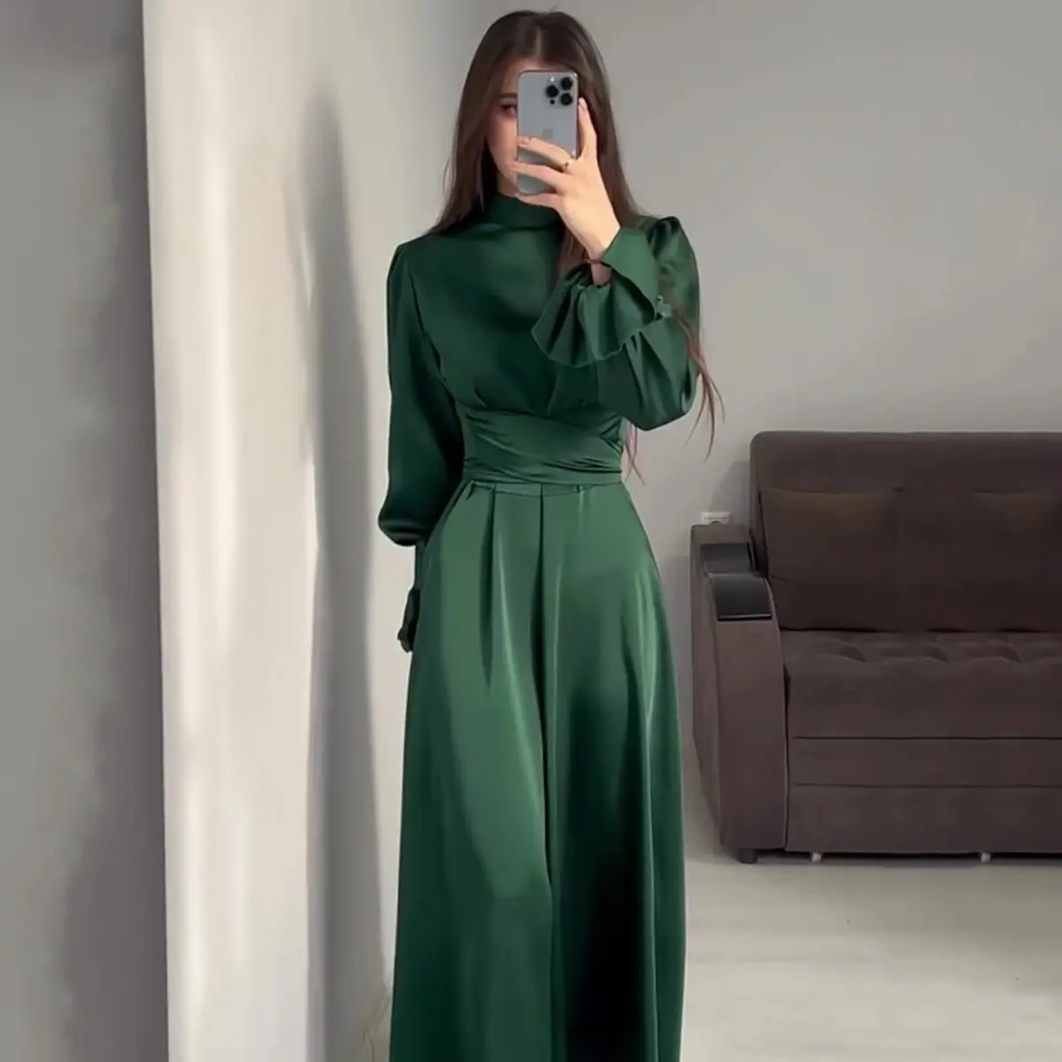 long green slip dress Emerald Satin Maxi Slip Dress with Lace Trim XL / Dark Green main image 0
