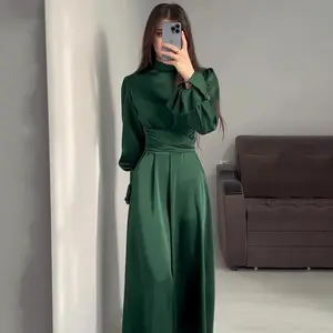 Women's Green Satin Dress Long Lantern Sleeve Mock Neck Puff Shoulder Tie Waist Pleated Cocktail Maxi Slip Dresses