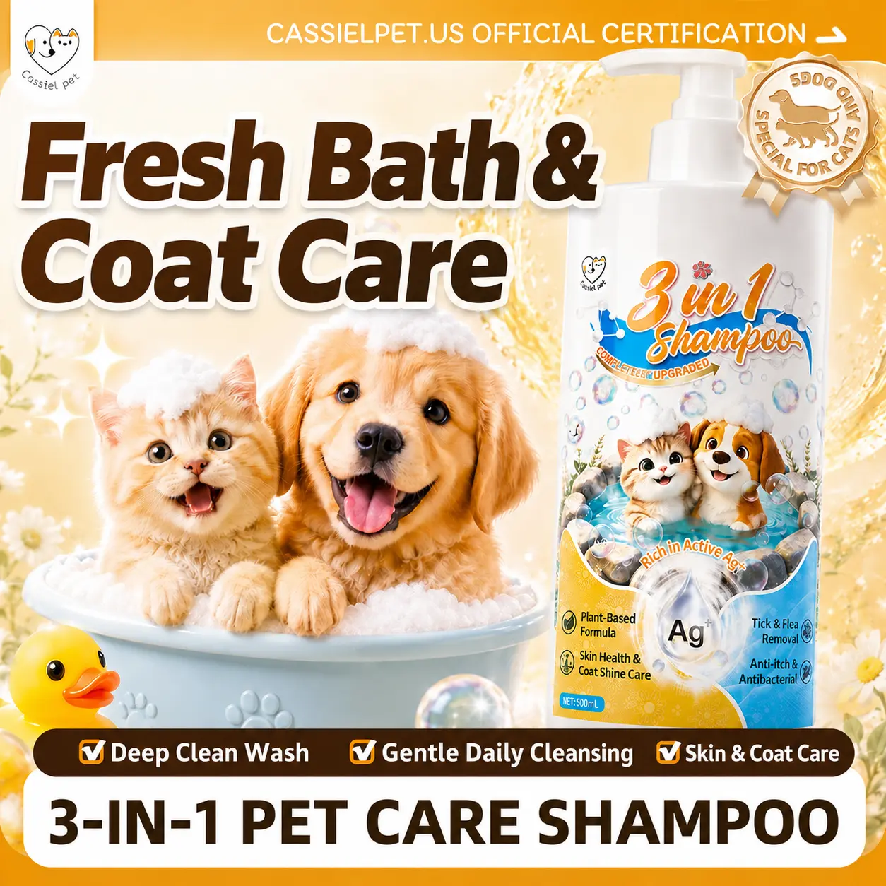 Cassiel-Pet 3-in-1 Pet Wash for Dogs & Cats, Coat Care Shampoo, Gentle Cleansing and Deodorizing Formula, 500 mL/16.9 fl oz