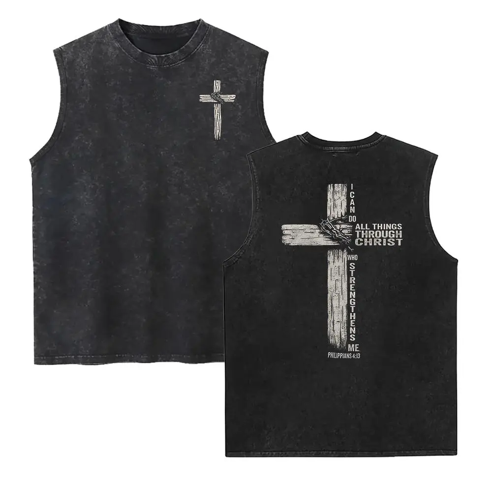 Men's Casual Round Neck Shortsleeve Seamless Cotton Washed Vest - Menswear Top with Smooth Fabric, Soft Double-Sided Philippians 4:13 Faith Quote, Washed Christian Cross Graphic