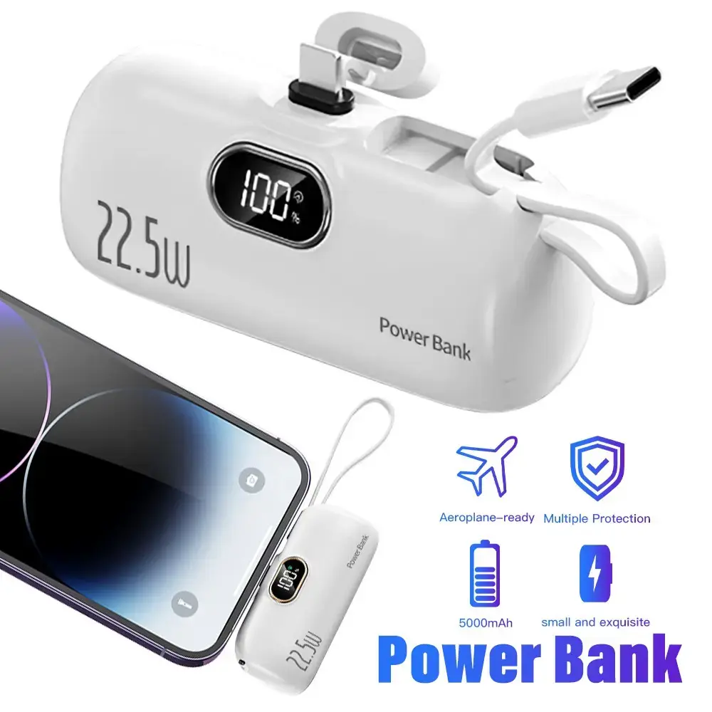 5000mAh mini portable charger with 22.5W fast charging. Dual USB-A/Type-C ports support iPhone, Samsung, Android phones and AirPods. Digital power display tracks battery accurately; compact lightweight body fits in pockets for all-day portability.