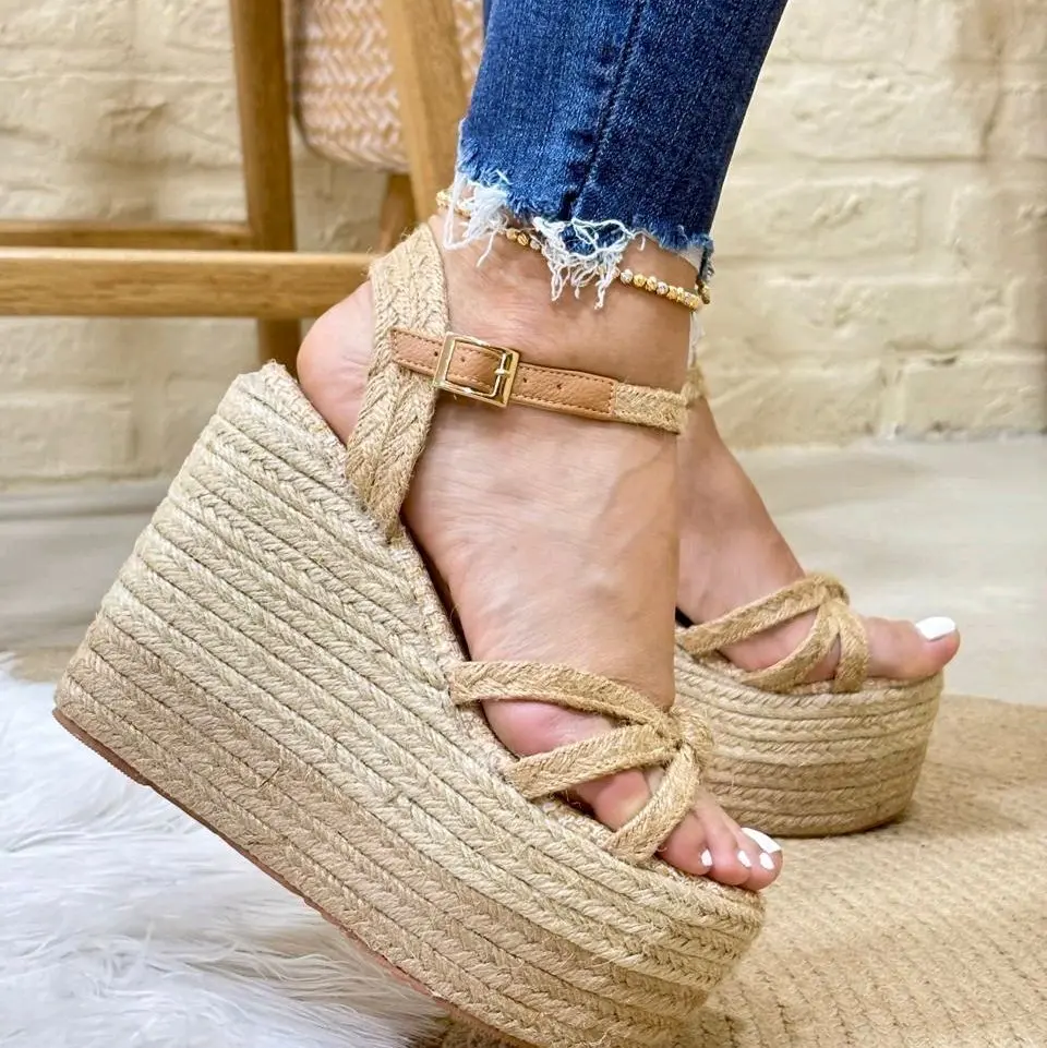 EMILIA 12 cm Wedge Sandals with Crisscross Straps and Jute Material for Summer Style