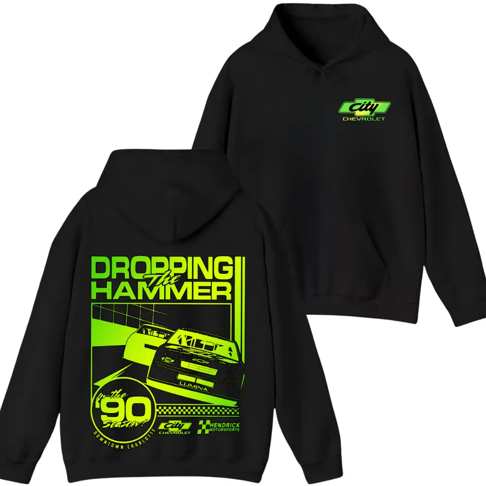 City Chevrolet Dropping The Hammer Hoodie, Neon 90s Lumina Stock Car Racing Graphic, Hendrick Motorsports Retro Race Day Hoodie for NASCAR Fans & Speed Lovers
