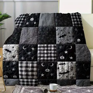 Gothic Black-Gray Plush Flannel Blanket, Soft Warm Bedspread Throw with Black White Pattern, Cozy Bed Couch Sofa Room Decor Blanket for Goth Lovers, Birthday Halloween Gift