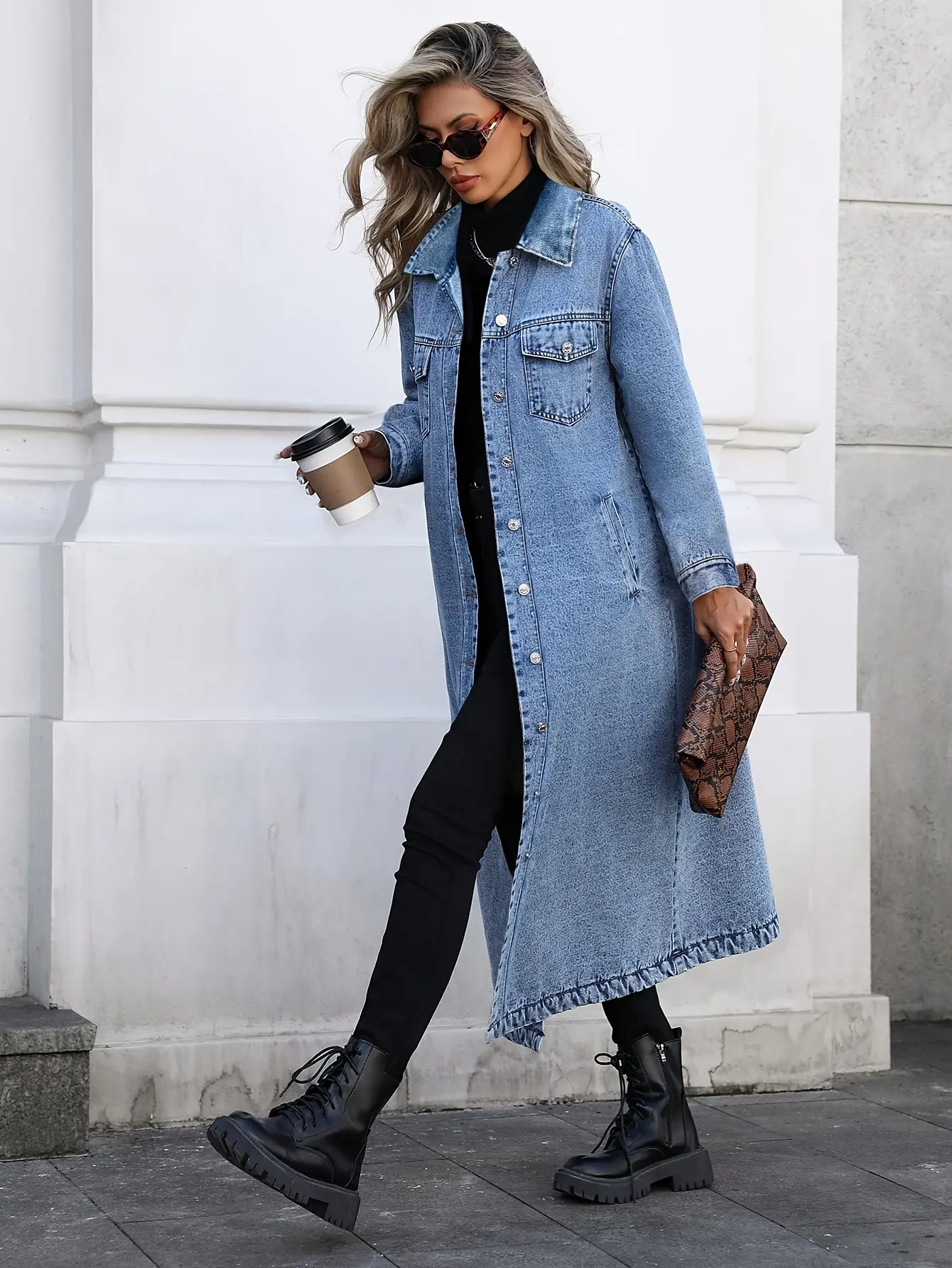 Women's Vintage Single‑Breasted Straight‑Cut Long Denim Trench Coat, Long‑Sleeve Lapel Denim‑Jacket‑Style Maxi Dress, Versatile Casual Dress Fit For Multiple Occasions In Spring, Autumn And Winter