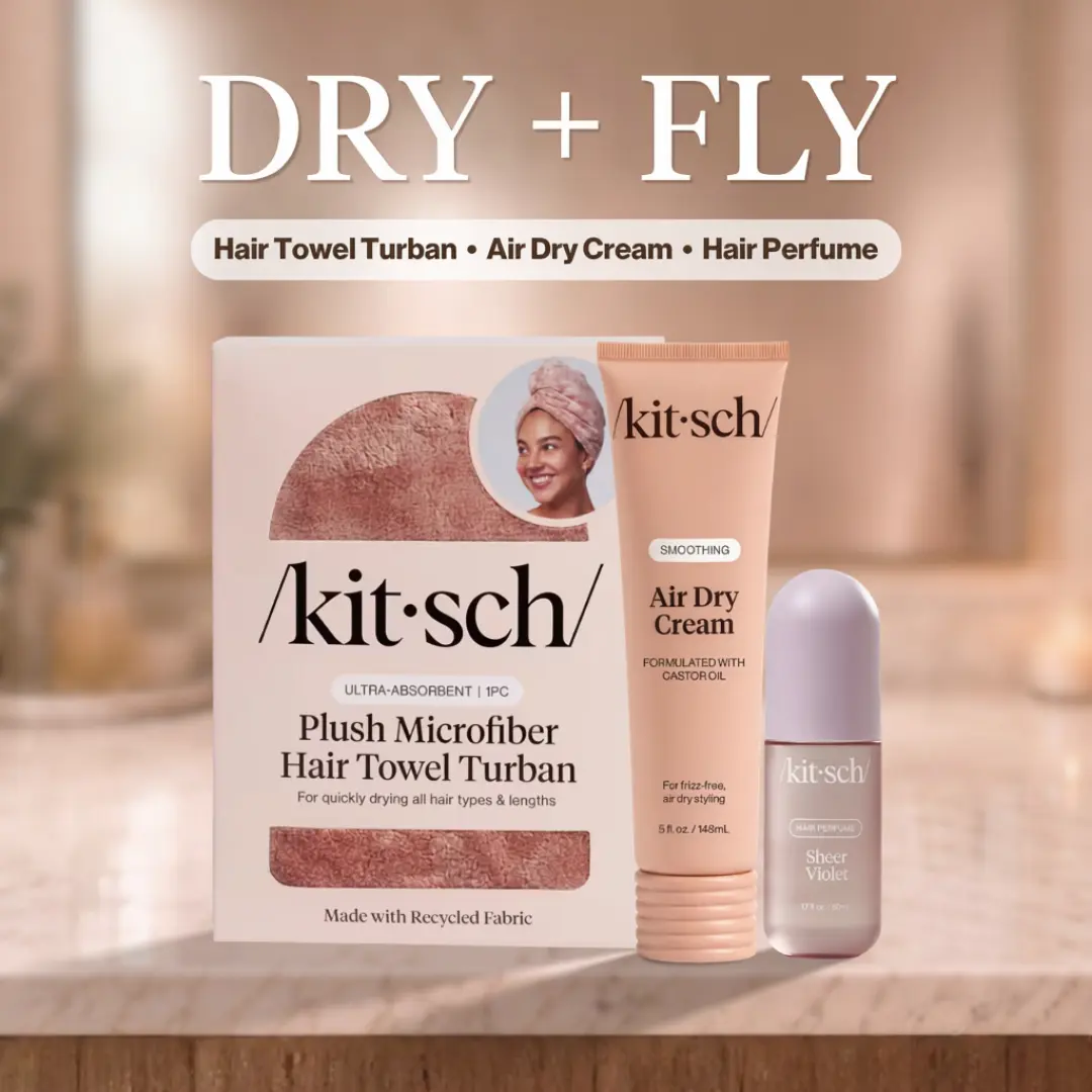 KITSCH DRY & FLY BUNDLE - Heat-Free Hair Essentials - For Fast, Heat-Free Hair Routines - Terracotta Plush Microfiber Hair Towel Turban - Air Dry Cream - Sheer Violet Hair Perfume