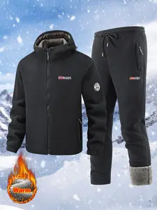 Men's Winter Fleece Lined Thermal Jacket with Hood & Drawstring Waist Straight Leg Pants Outdoor Sports Casual Two-Piece Set Full Zip Closure Stylish Embroidery
