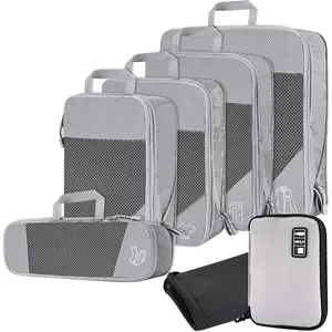 NiHome 7PCS Compression Packing Cube Set Expandable Mesh Travel Bags Luggage Organizers with Electronic Cable Cord Charger Organizer Drawstring Bag