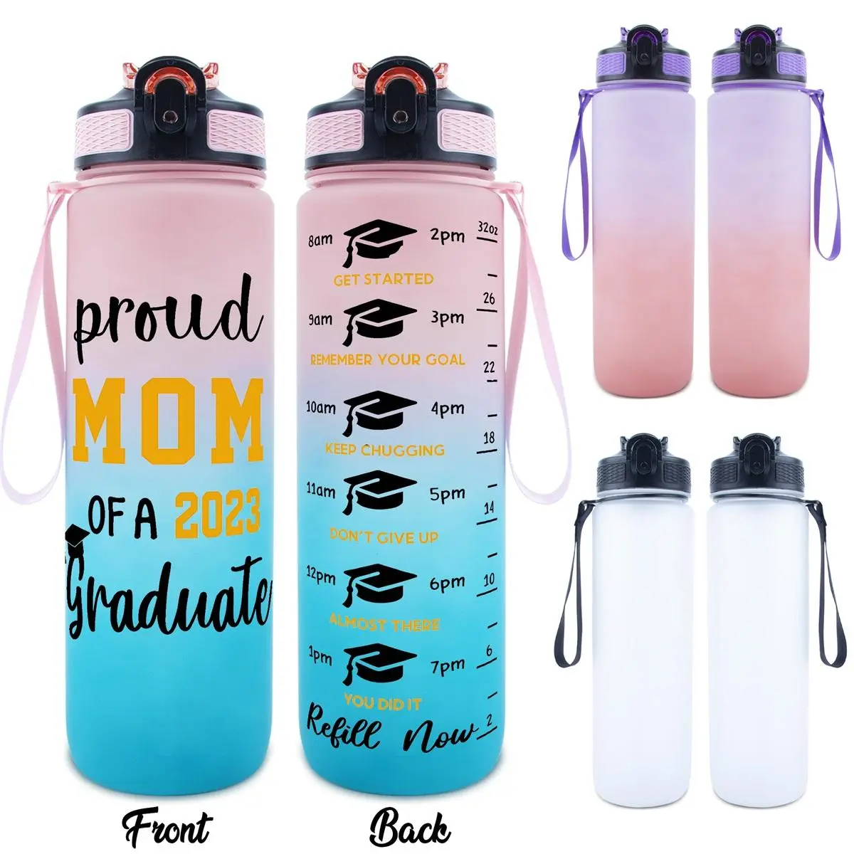 32oz Water Bottle, 1 Count Graduation Themed Water Bottle with Time Marker, Leakproof Fitness Jug with Handle for Home Office School