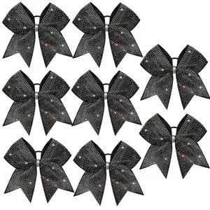 8 Pack Large Glitter for Cheer Bows Measuring 8 Inches, Adorned with Iridescent Rhinestones, Featuring Colorful Stiff Hair Elastic Bands for Ponytails, Perfect for Cheerleading in Sports