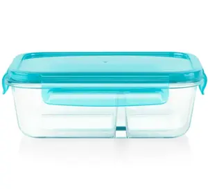 4-cup Divided Glass Food Storage Container with Turquoise Lid