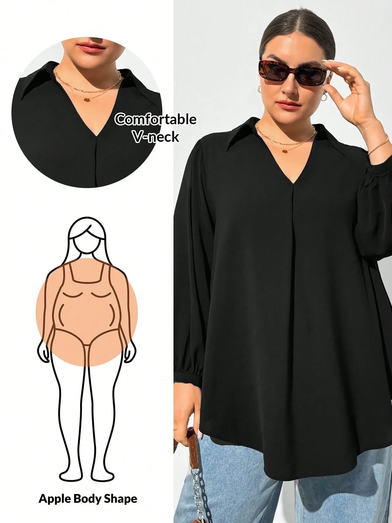 LALUZ Fall Office Plus Size Brown Polka Dot V-Neck Long Sleeve Shirt Loose Slimming Casual Retro 50s 90s Top