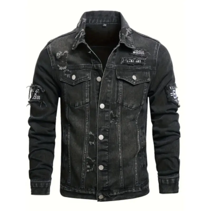 Men’s autumn/winter ripped denim jacket, lapel long-sleeve button-up jean coat with patchwork decor, distressed frayed streetwear casual outerwear for men