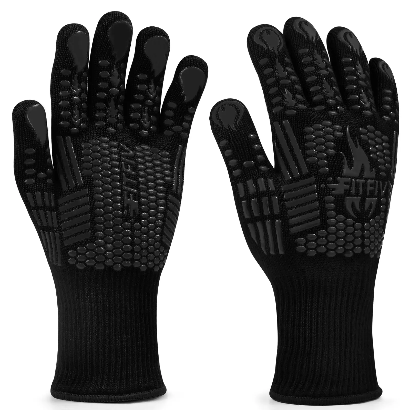 FITFIV BBQ Gloves, 1472 Degree F Heat Resistant Grilling Gloves Silicone Non-Slip Oven Gloves Long Kitchen Gloves for Barbecue, Cooking, Baking, Cutting