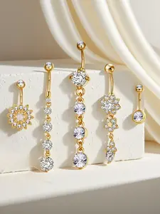 Women's Belly Button Rings Set, Artificial Zircon Flower Design, Fashion Jewelry for Party & Vacation Wear, Body Piercing Accessories, High Quality Jewelry