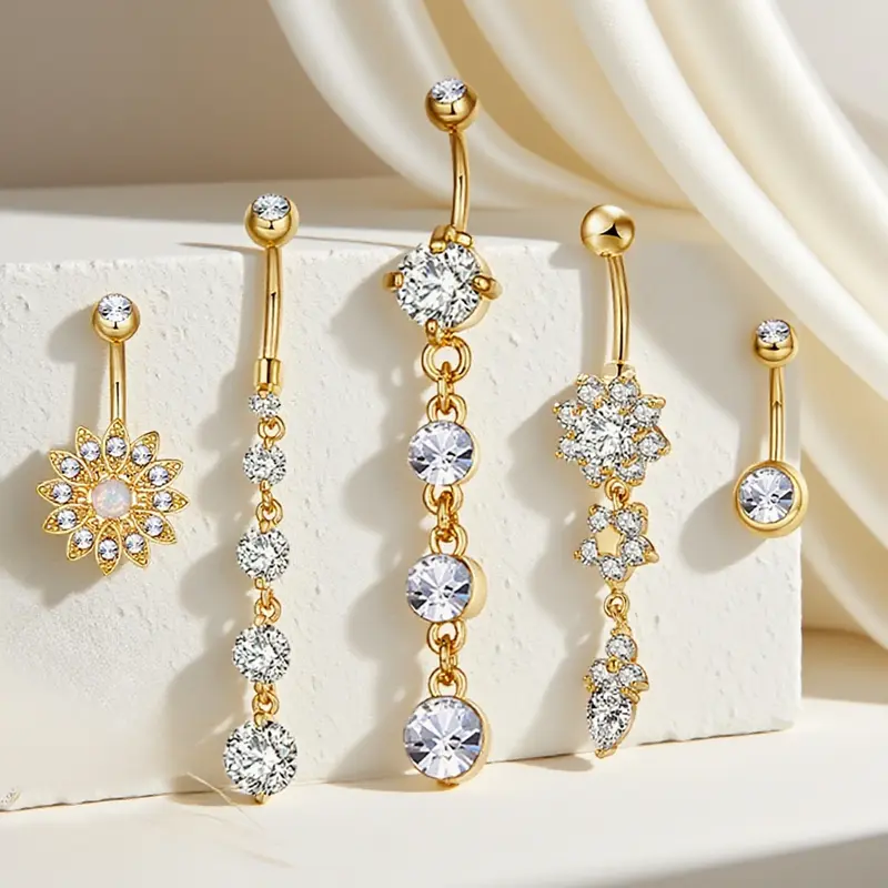 Women's Belly Button Rings Set, Navel Ring, Artificial Zircon Flower Design, Fashion Jewelry for Party & Vacation Wear, Body Piercing Accessories, High Quality Jewelry, Body Jewellery