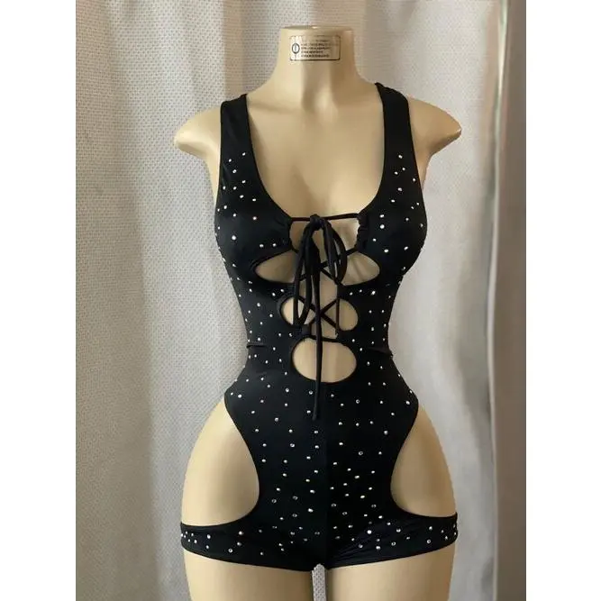HYBRID Elegant Lace-Up Front Jumper with Crystal Embellishments - Black & White Polka Dot Design for Dancers & Bartenders