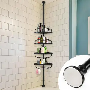 Corner Shower  Tension Pole, Rustproof Bathtub Storage Organizer with 4 Adjustable Shelves, Bathroom Shower Rack Shampoo Holders for Inside Shower, 40"-120" Floor to Ceiling Shower  Black