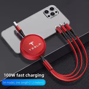 100W super fast charging 3-in-1 telescopic data cable For Tesla Model 3 Model S Model X Model Y Cybertruck Roadster SpaceX