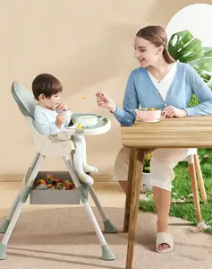 Foldable high chair/dining chair for infants and toddlers; height adjustable; with footrest; double-layer removable tray; easy-to-clean PU cushion.