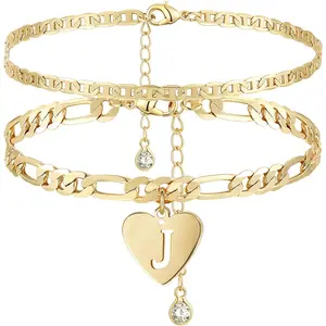Initial Ankle Bracelets for Women, Layered Gold Anklets for Women  Real Gold Filled Figaro Letter Anklets for women waterproof Summer  Personalized Gifts for Women