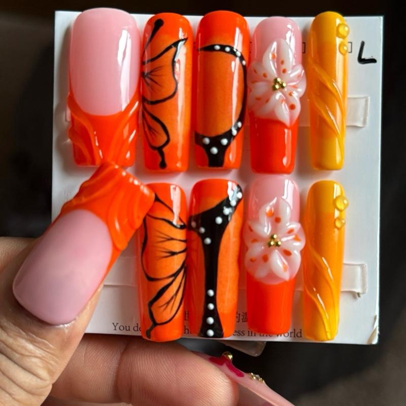 1.2 inches Square Acrylic Press-On Nails with Small Medium & Large Varieties Featuring Floral & Star Design for Stylish Manicure