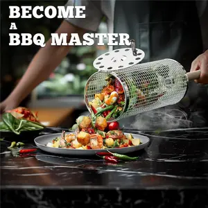 Rolling Grill Basket with Removable Wooden Handle 304 Stainless Steel Nesting BBQ Tools for Vegetable Outdoor Cooking Camping Birthday Gifts for Men Dad Husband