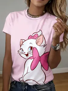 women's short sleeve T-shirt Marie Cat With Pink Bow And Ears 3D full-frame printing spring and summer fashion trend sports women's soccer jersey machine washable, light and thin, autumn, women's, summer and autumn, scenery