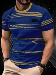 Men's Sporty Short Sleeve T-Shirt, Blue Striped Design, Quick-Dry Breathable Comfort, Fashion Casual Gym Wear, Summer Essential Trend Item, Gym Workout Shirt