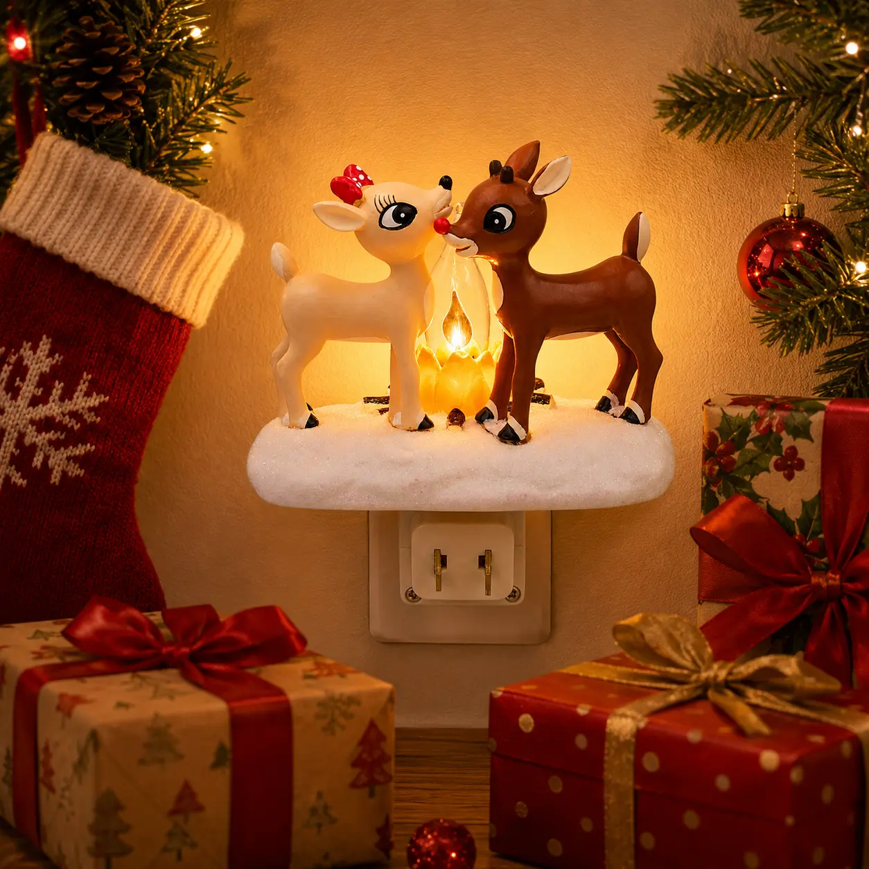 Red Nosed Reindeer Night Light with Flickering Flame – 5.25 Inch Plug-in Christmas Decor for Home, Holiday Party Supplies