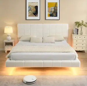 King Size Floating Bed with LED Light, Boucle Upholstered Platform Bed Frame with Anti-Collision Corners, Heavy Duty 800LBS Capacity, Modern Tech-Inspired Bedroom Centerpiece White
