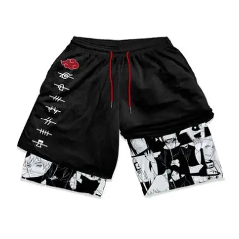Men's Naruto Pain Anime Pattern 2-in-1 Activewear Shorts - Elastic Waist, Tiered Layers, Above the Knee, Running, Gym Workout, Casual Summer Bottoms, Swim‑To‑Gym Wear, Graphic