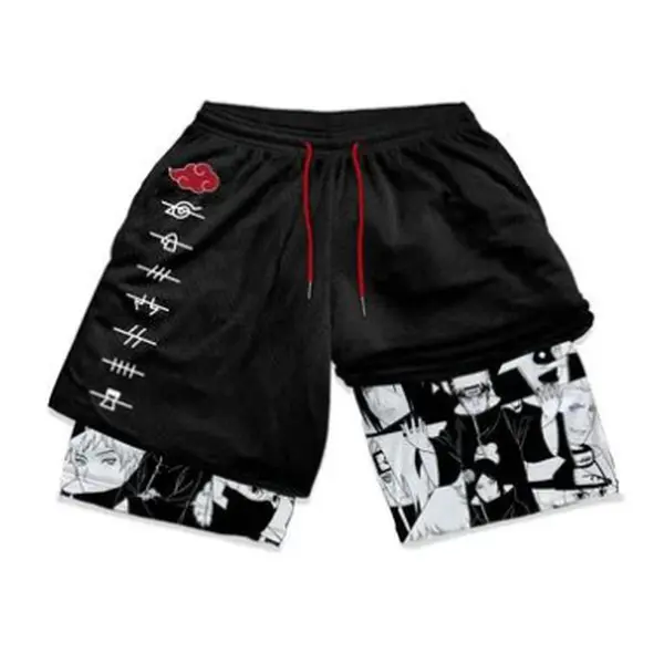 Men's Naruto Pain Anime Pattern 2-in-1 Activewear Shorts - Elastic Waist, Tiered Layers, Above the Knee, Running, Gym Workout, Casual Summer Bottoms, Swim‑To‑Gym Wear, Graphic