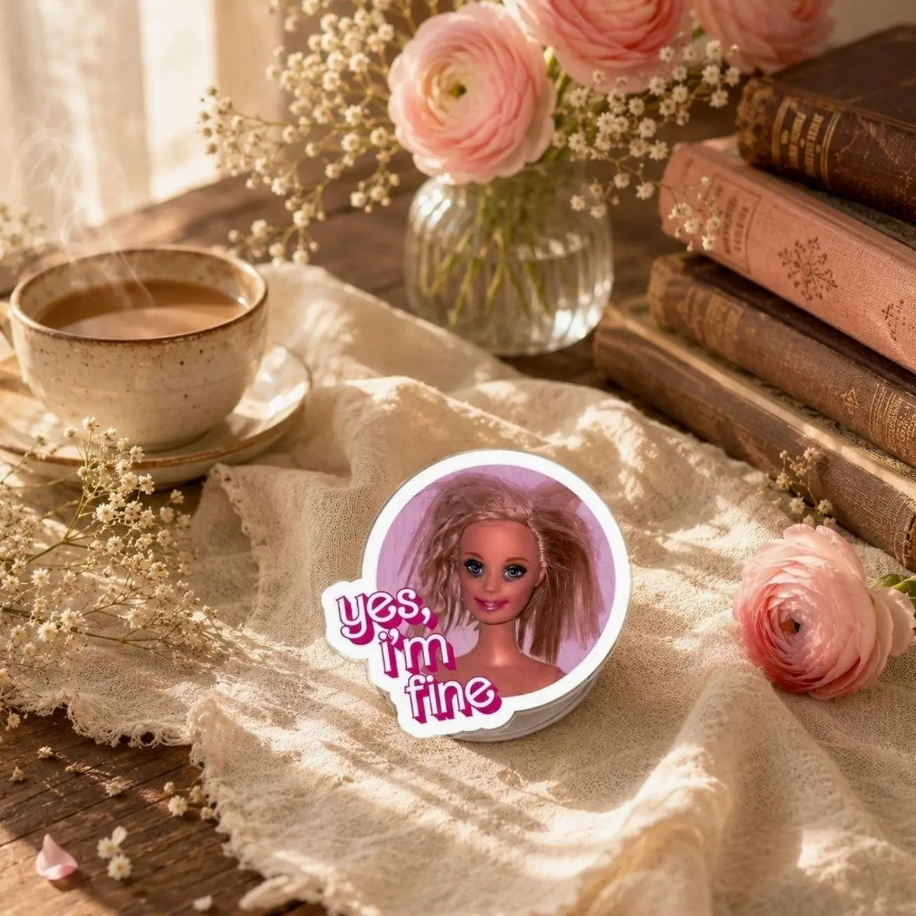 Funny Y2K Doll Phone Grip, "Yes I'm Fine" Quote Phone Holder, Retro Aesthetic Acrylic Grip for Y2K Lovers