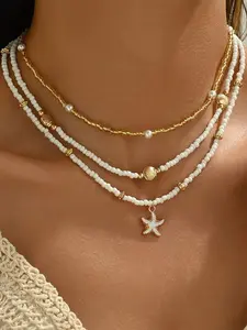 Boho Style Starfish & Shell Design, Fashion Jewelry for Party, Daily Clothing Decor, Trendy All-match & Exquisite Jewelry for Birthday Gift, Faux Pearl Jewelry, Dainty Boho Necklace