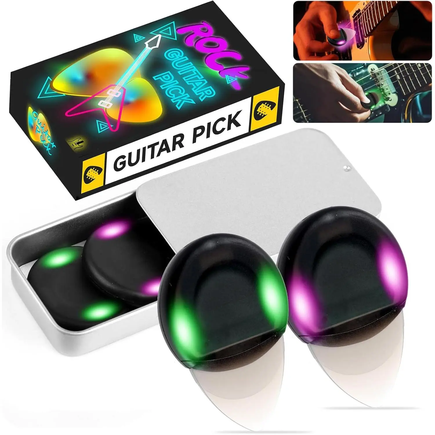 Auto Glow Guitar Picks with  - LED Light Up Picks for Bass, Acoustic & Electric Guitar (0.6mm Medium) - Includes Pick Case,  for Musicians, Non-Slip Grip Stage Plectrum(Purple and Green)