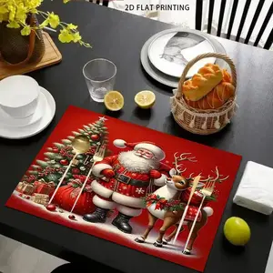 2D flat printing, 2-piece/4-piece/6-piece/8-piece set, Christmas themed table mat - Santa Claus and reindeer pattern fabric placemat, suitable for holiday dining and kitchen, restaurant coffee table decoration, party decoration, home decoration