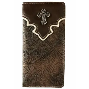 Men's Western Bifold Wallet Cross Design Checkbook Style Brown Leather
